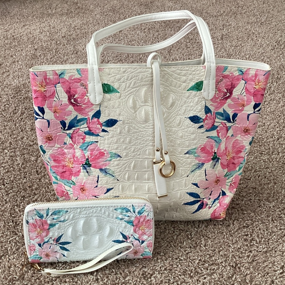 MATCHING SET: Vintage Tote & Wristlet Pair in Pink Floral on Ecru Faux Crocodile